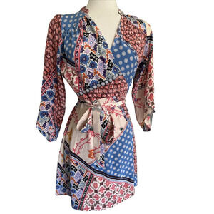 Lilka Silk Wrap Dress Size Pink Blue White All over Print XS 100% Silk